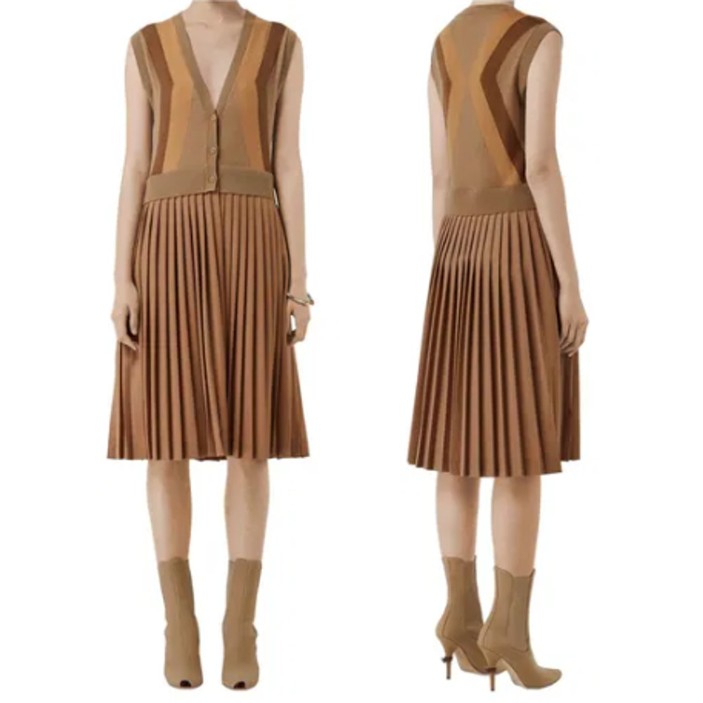NWT Burberry 100% Wool Sleveless V-Neck Pleated A-Line Midi Dress Light Brown S - Picture 2 of 8